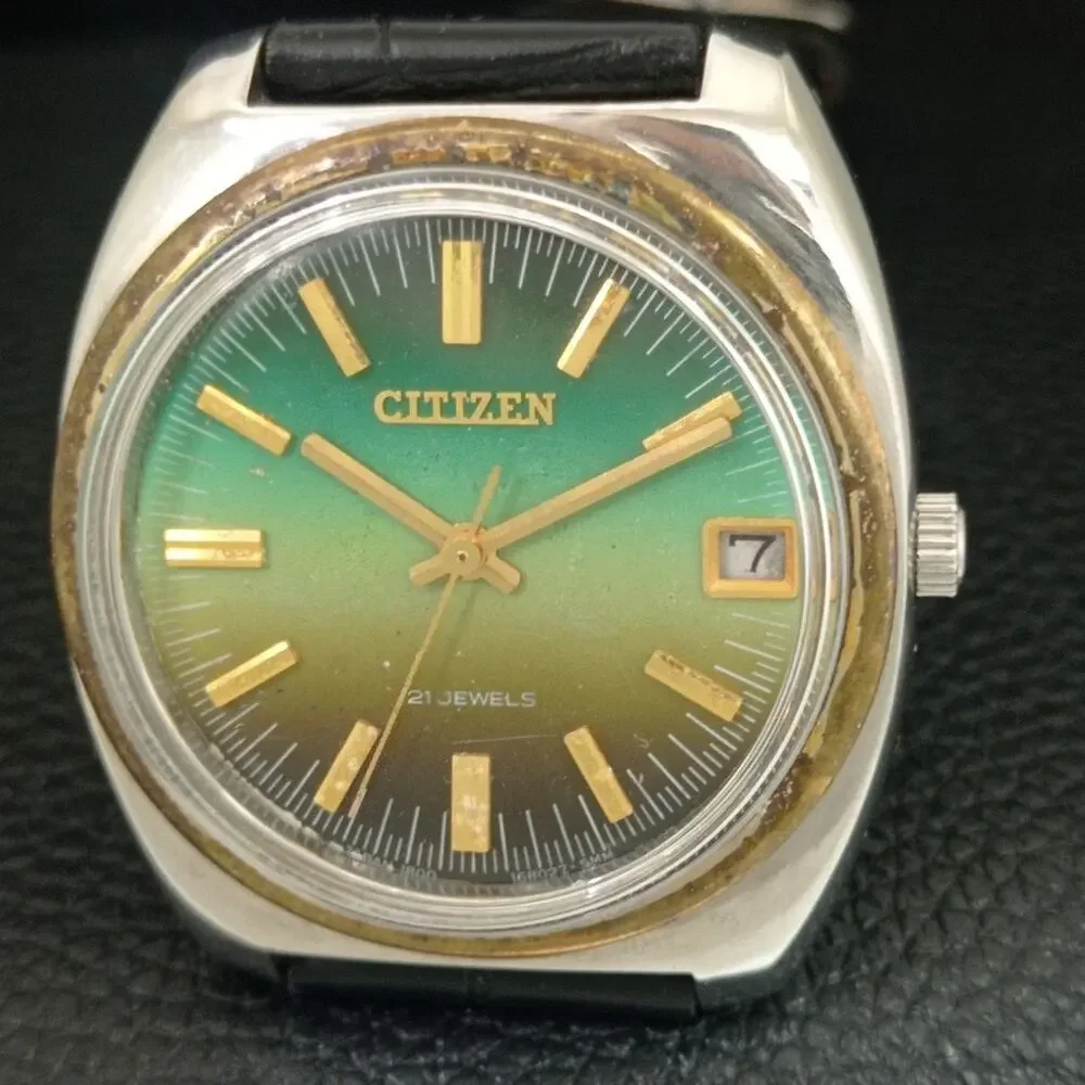 Vintage 1981 Citizen Manual Mens Silver Watch W/daydate & Green accents